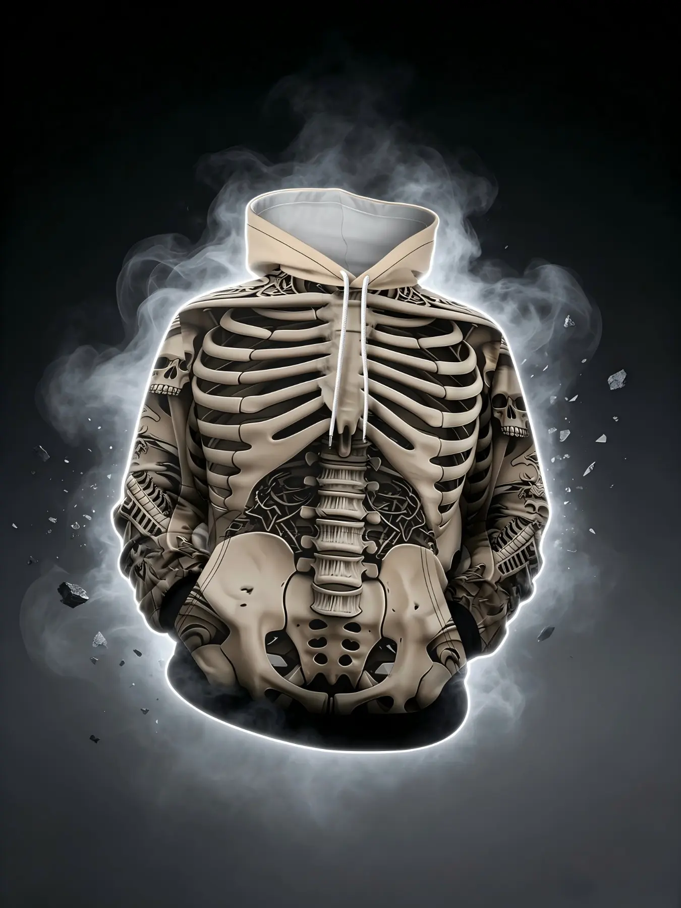 Human Skeleton Full Print Hoodie, Dark Style Unique Pullover Sweatshirt, Casual Loose-Fitting Spring & Fall Apparel, Unlined Hooded Top
