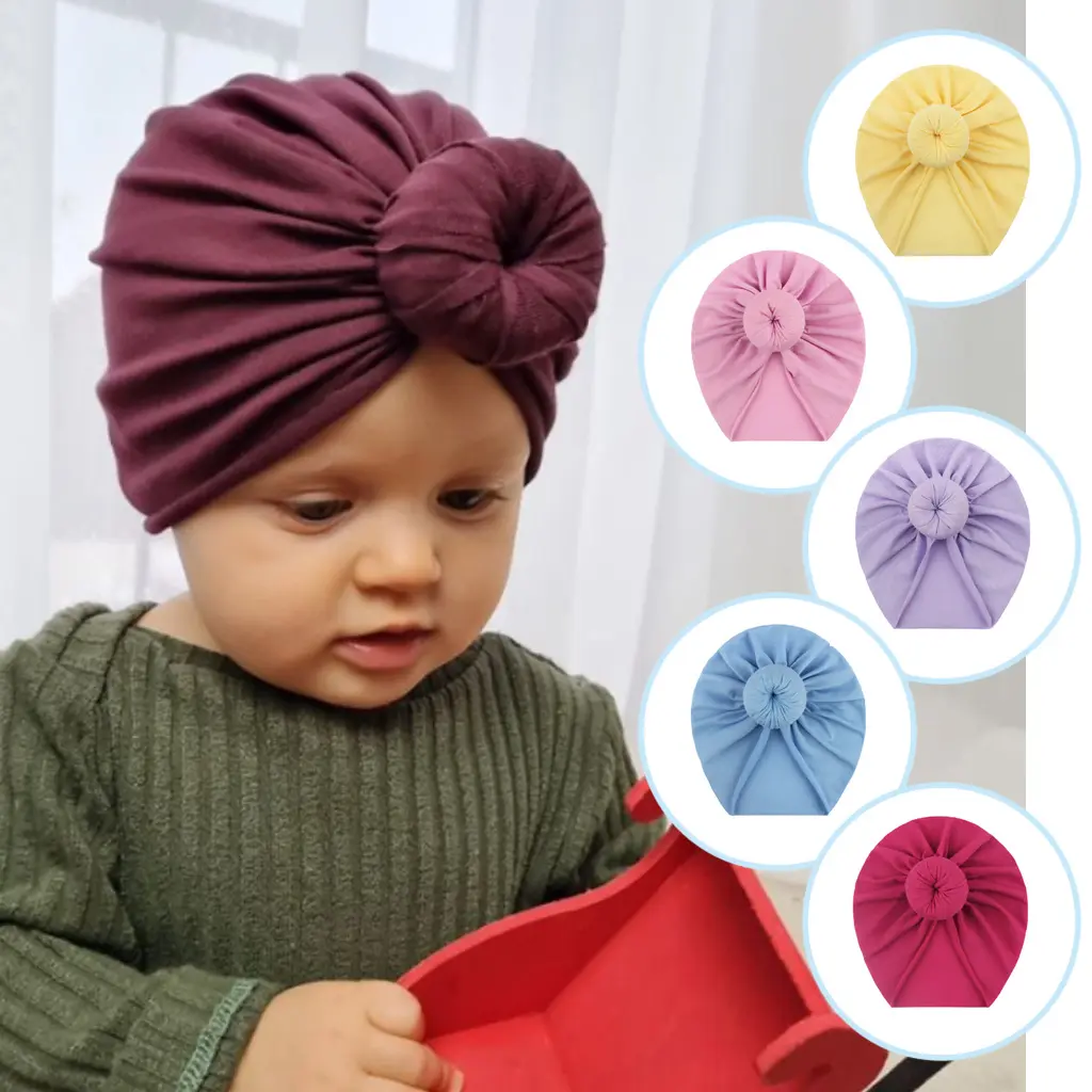 Infant-Toddler Girls' Soft Cotton Donut Knot Turban Hat - Stretchy Elastic Beanie, Cotton Infant Caps, Newborn Headwrap, Autumn Winter Sports Headwear Photo Prop, Newborn Toddler Hats, Photo Props, Stretchy Beanie Cap