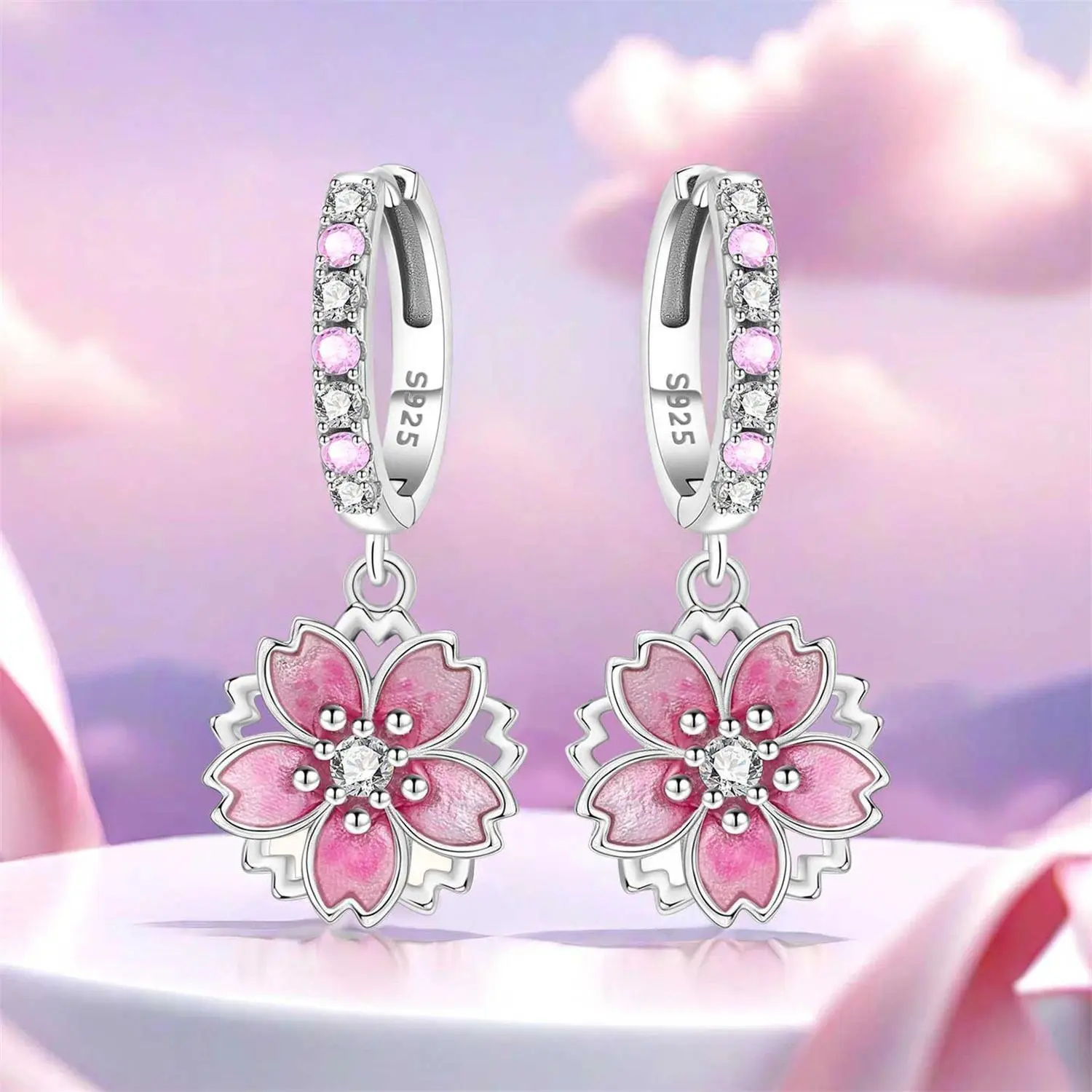 Women's Sterling Silver Sweet Pink Cherry Blossom Drop Earrings, Fashion Party Wear Jewelry for a Sweet Look, Ideal Gifts
