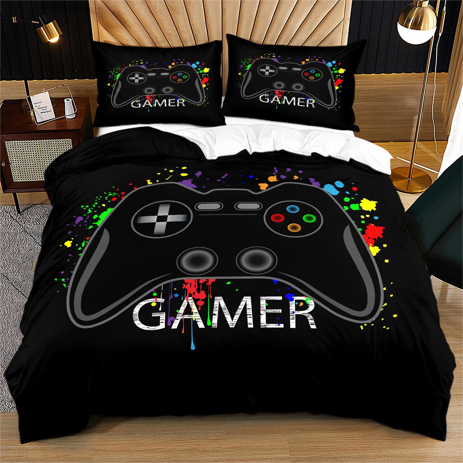 Cool Gaming Controller Pattern Sheet Set with Pillowcase, Soft Polyester Fiber Bedding, Zipper Closure, Breathable, All Seasons Use
