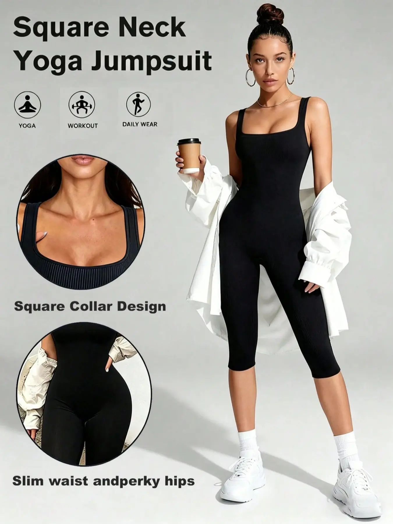 Women's Solid Color Square Neck Seamless Jumpsuit, High Waist Slimming Yoga Pants, Sporty Above Knee Jumpsuit for All Seasons