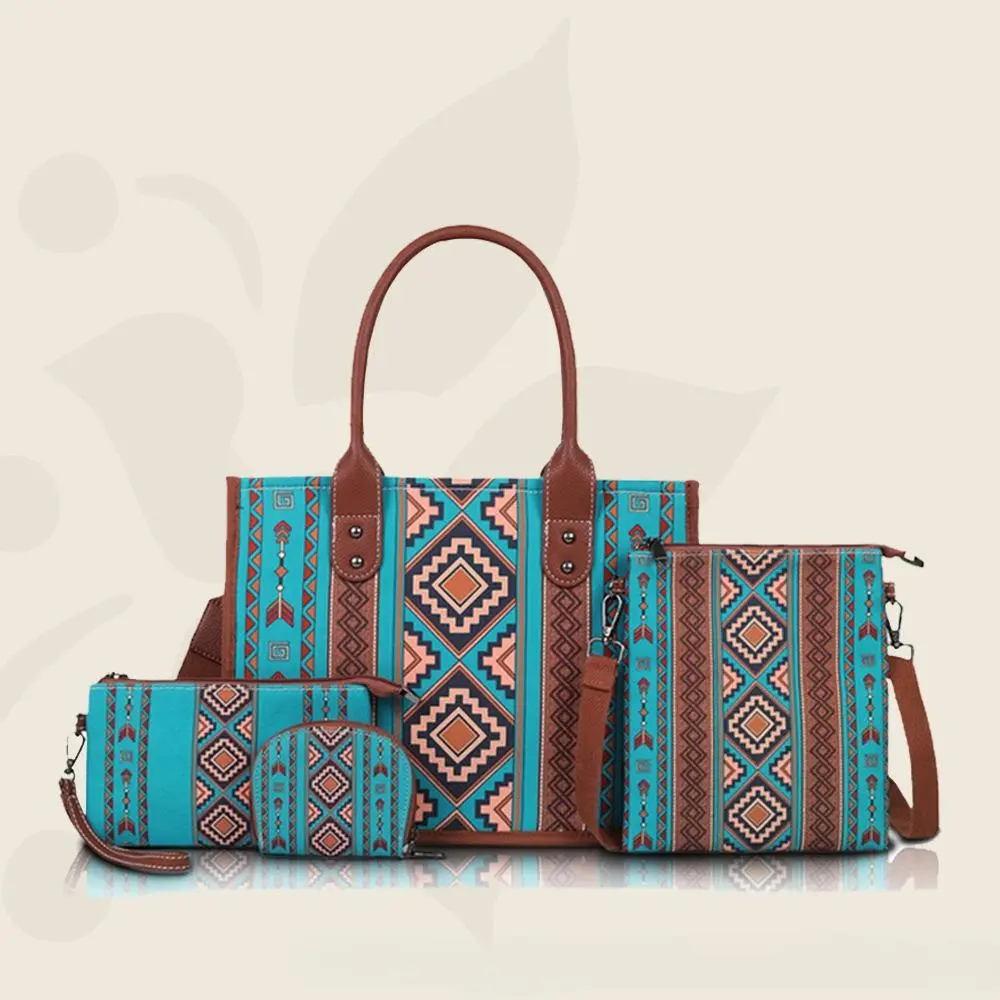 4Pcs Ethnic Boho Canvas Tote Bag Set - Large Tribal Shoulder Purse with Adjustable Strap, Zipper Closure, Polyester Casual Crossbody Bags & Wallet for Everyday Gym Use, Aesthetic Shoulder Bag