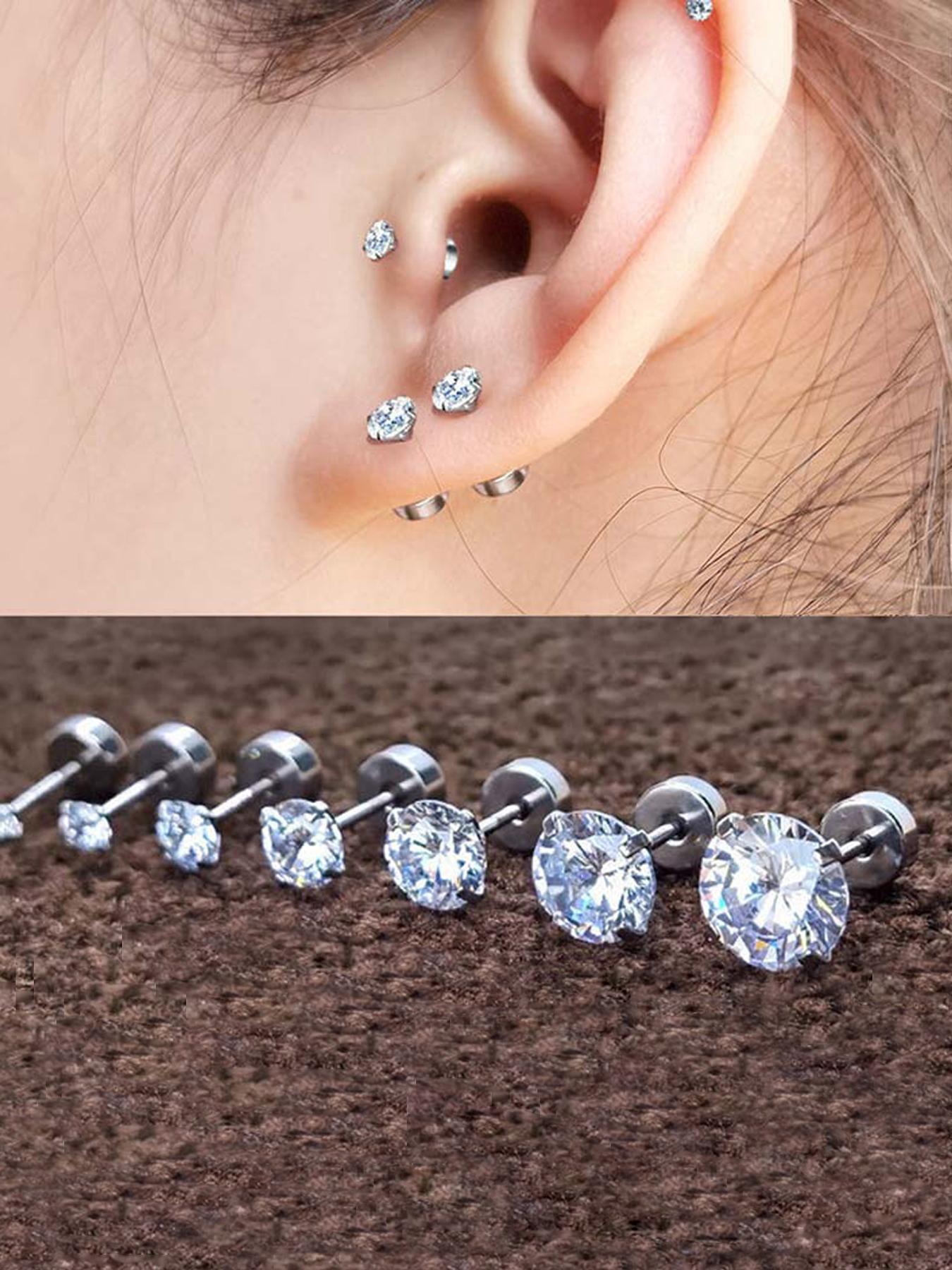 Unisex Rhinestone Decor Stud Earrings, Sparkling Ear Jewelry, 12 Pairs Stainless Steel Cartilage Earrings for Women & Girls, All-match Jewelry As Birthday Gift, Stud Earring Sets, Ear Studs, Earring Pack