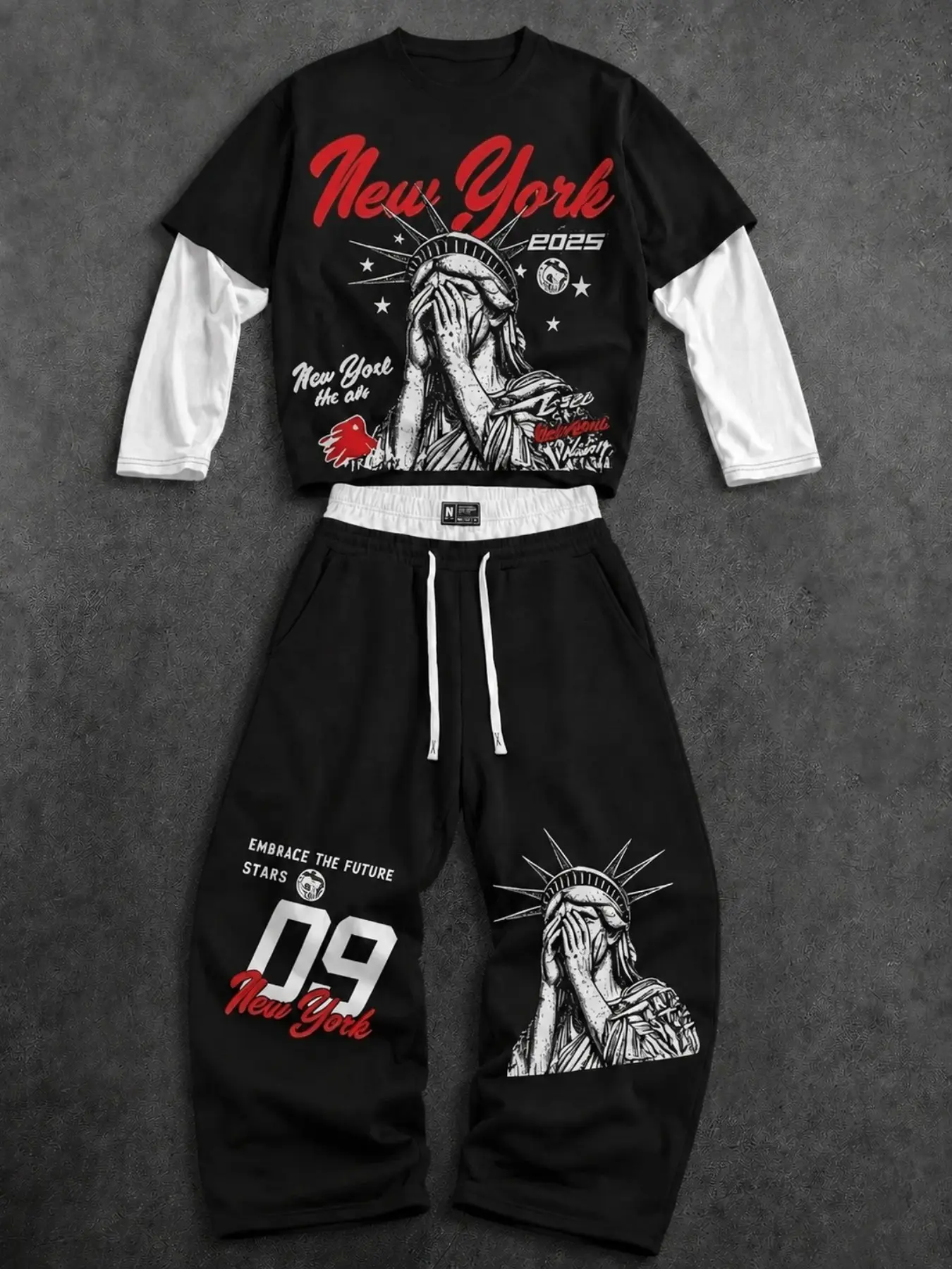 Men Y2K American Retro Two Piece Matching Outfits, NYC Statue of Liberty Letter Print Fake Layer Long Sleeve Tee & Elastic Waist Loose Sweatpants Set, Lightweight Skin Friendly Tracksuit, Hip Hop Daily Lounge Spring Autumn Casual Wear For Teen Men