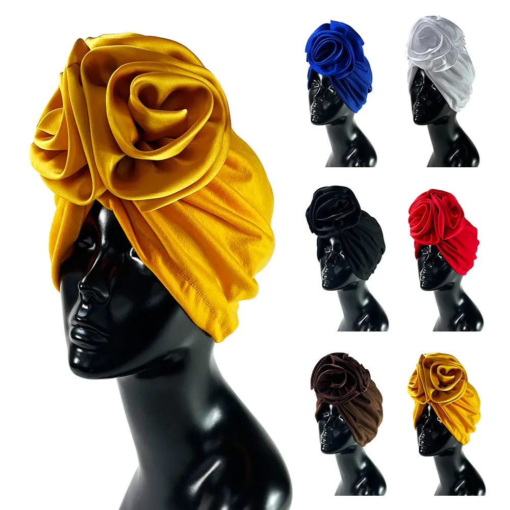 Women's 3D Satin Rose Turban - Soft Stretch Solid Color Head Wrap, Handmade Style Luxury Fashion Head Scarf for Wedding, Chemo Hair Cover, Handmade Style Head Scarves, Luxury Fashion Head Scarves