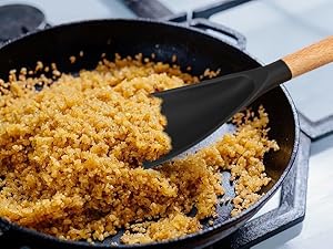 Cooking Spoon for Nonstick Cookwares, for Cooking and Serving Sturdy BPA-Free Matte Silicone, Wood Handle Spoon for Mixing, Scoop, and Scrape (Black & Grey, 11.4 inch)