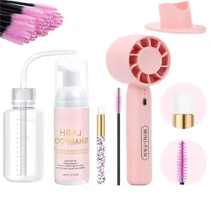 2.02 fl oz Oil-Free Lash Shampoo Cleaning Kit, Rechargeable Lash Fan Dryer with Cleaning Brush & Rinse Bottle, Gentle Eyelash Cleanser Wash for Lash Extensions, Cluster Lashes and Natural Eyelashes, Daily Professional Eyelash Care Tools
