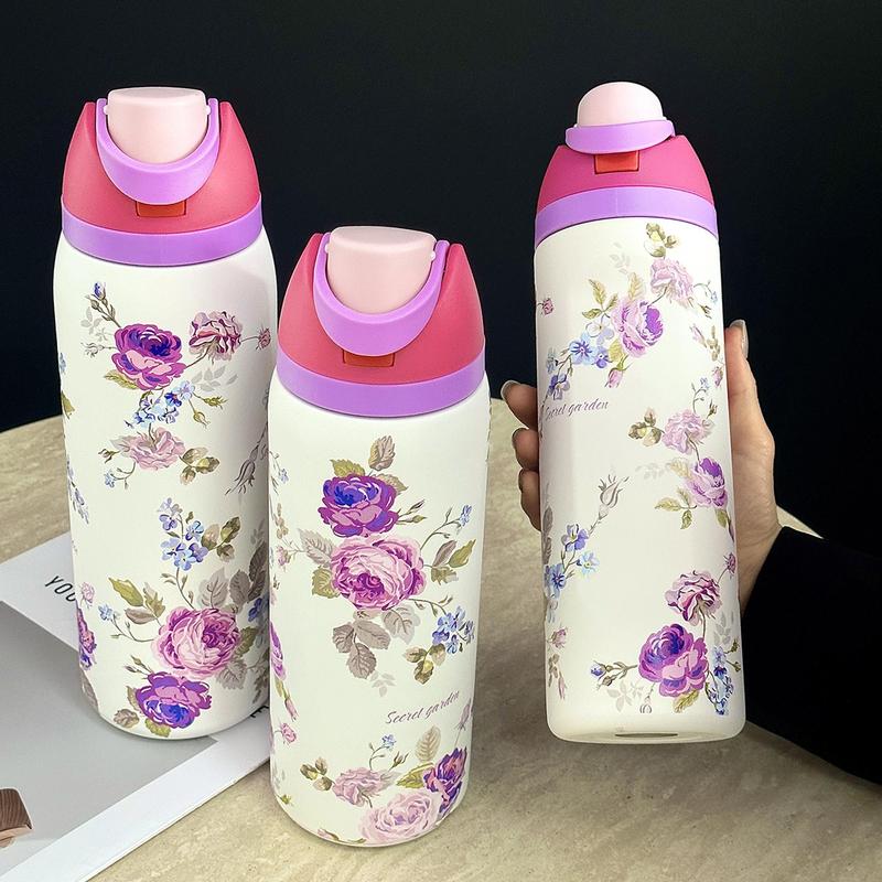 Floral Pattern Vacuum Flask, 1 Count 24oz-32oz-40oz Insulated Double Wall Stainless Steel Water Bottle, Stainless Steel Thermal, Drinking Cup for Home Office School Travel, Drinkware, Insulated Thermos, Stainless Steel Tumbler