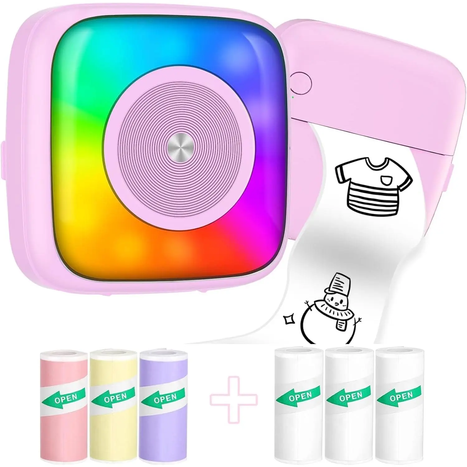 Mini Printer Sticker Printer Print Pod with 6 Rolls Sticker Paper, Seven Color Lighting Modes for DIY Scrapbook, Travel, Notes, Label, Memo, Compatible with iOS&Android
