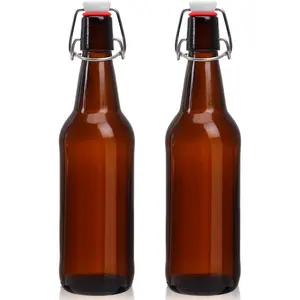 16oz 2 Pack Amber Glass Beer Bottles with Airtight Rubber Seal Flip Caps,Swing Top Glass Bottles for Home Brewing, Kombucha, Beverages, Oil, Vinegar, Vanilla Extract,Water, Soda, Kefir