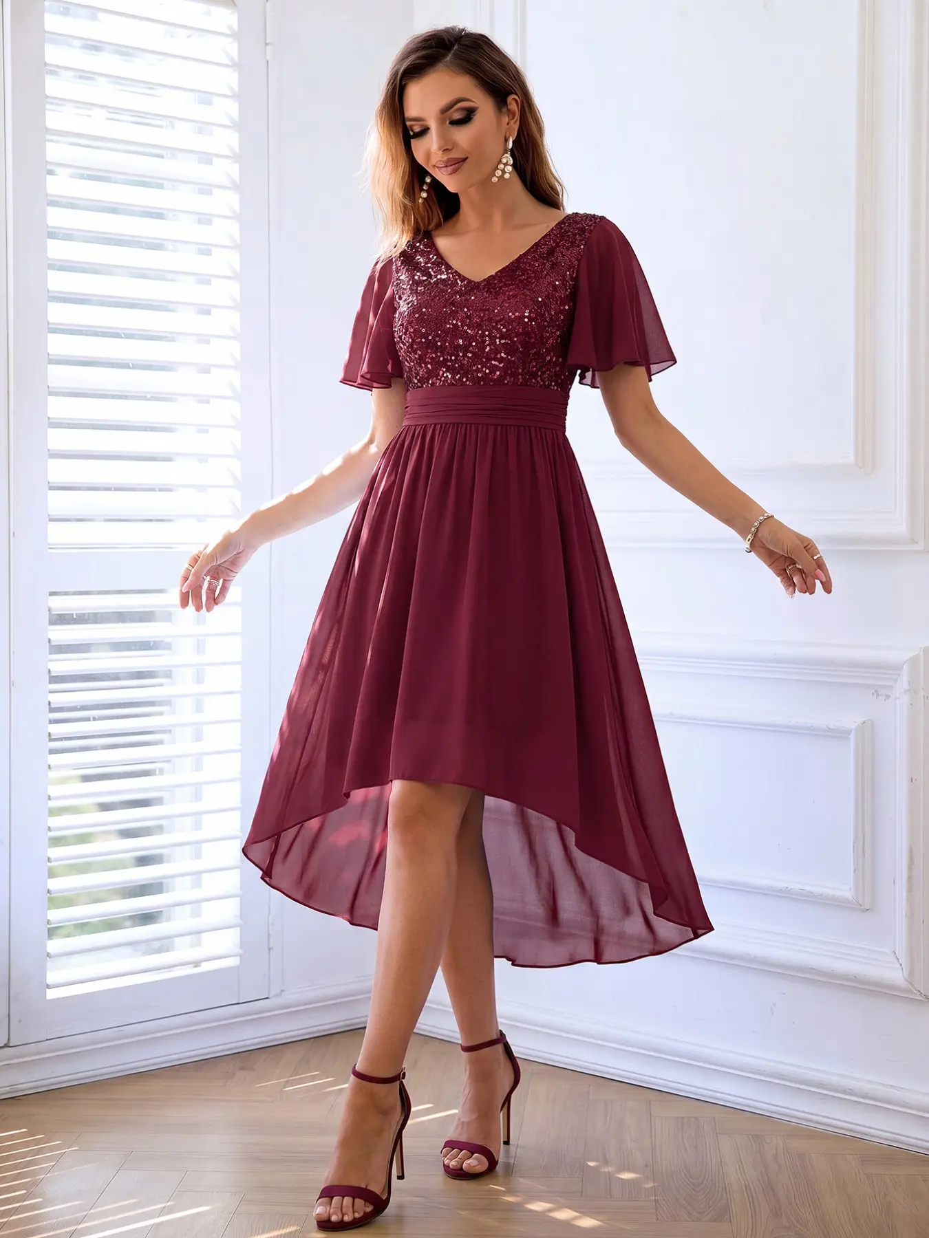Double Layer Ruffle Sleeve Sequin Dress, Soft Party Style, Deep V Neck, High Waist, Asymmetrical Hem, Long Dress for Birthday Parties