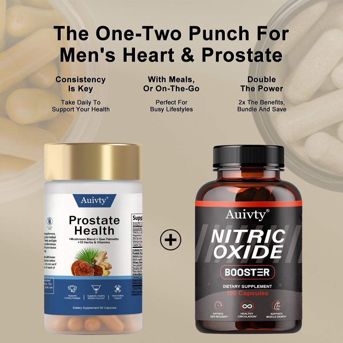 Ultimate Men's Health Bundle - Auivty - Nitric Oxide Booster 100ct + Prostate Health 90ct - Natural Supplement Capsules - Support Blood Circulation & Prostate Health
