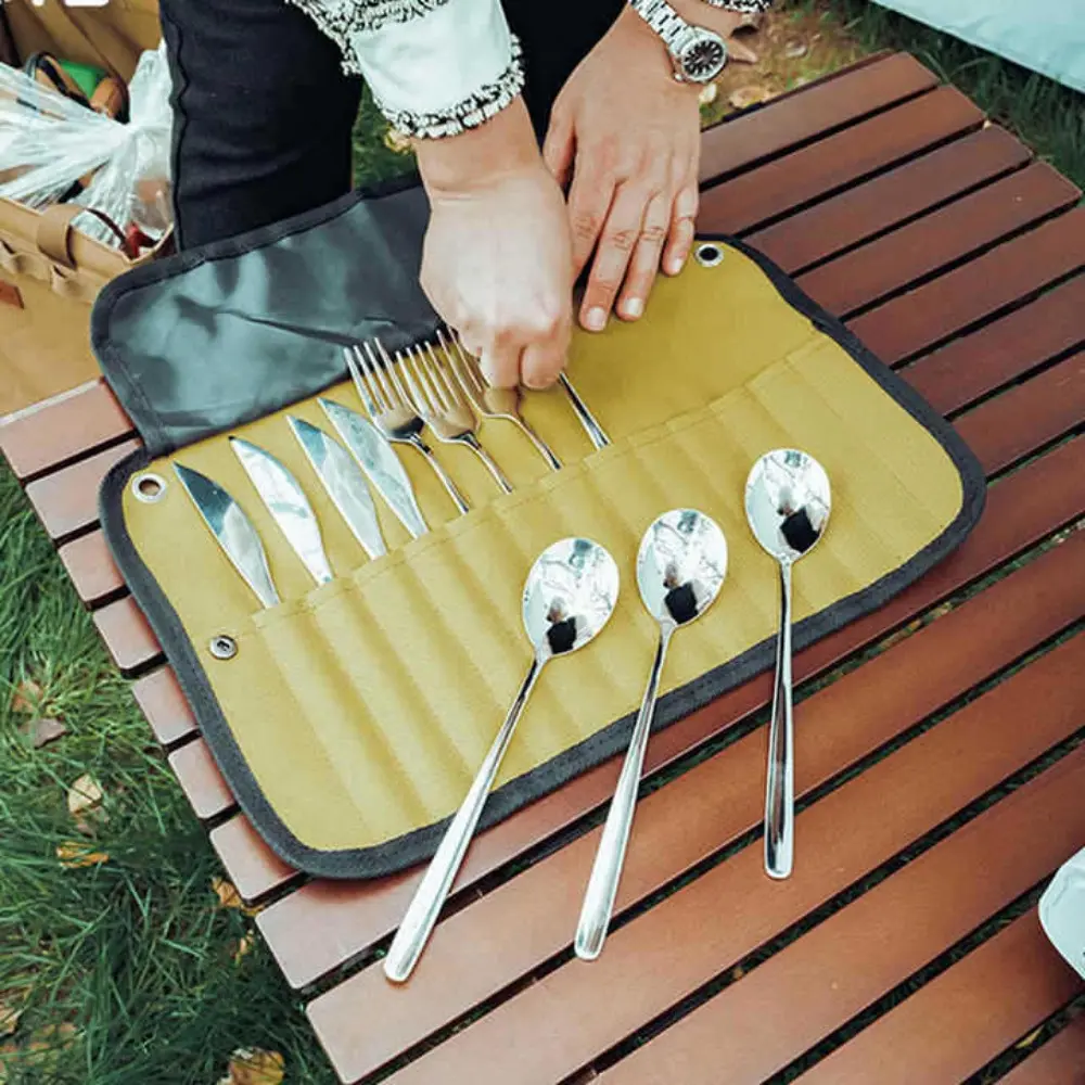 Rollable Multi-slot Kitchen Utensil Bag, Waterproof Easy-clean Fabric, Portable Cutlery Organizer for Camping & Picnics