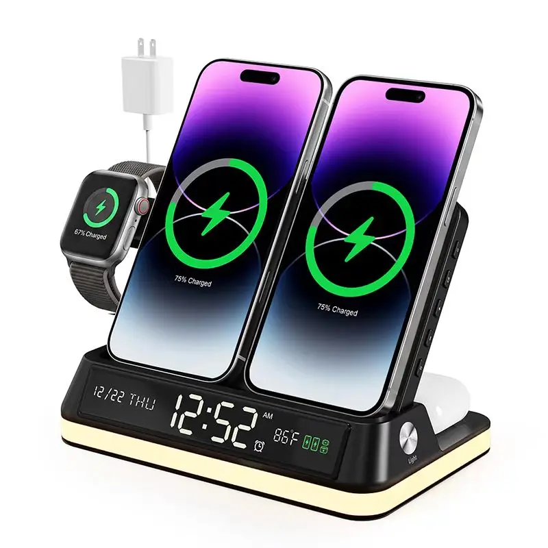 7-in-1 Wireless Charging Station with 33W Adapter - Dual Phone Charging Dock, Bedside Hub for iPhone, Apple Watch, AirPods, Bluetooth Time-Sync Clock, Alarm, Sunset Ambient LED Night Light, Top Gift Idea