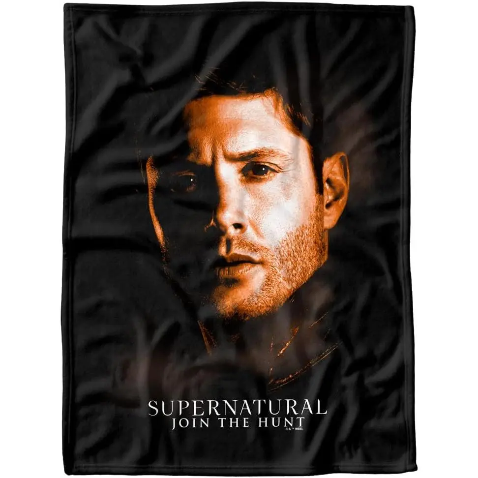 Supernatural Flannel Throw Blanket Dean Winchester Portrait Join The Hunt Orange Tone Dark Background Horror Fantasy TV Show Soft Fleece Blanket Fan Decor Gift
