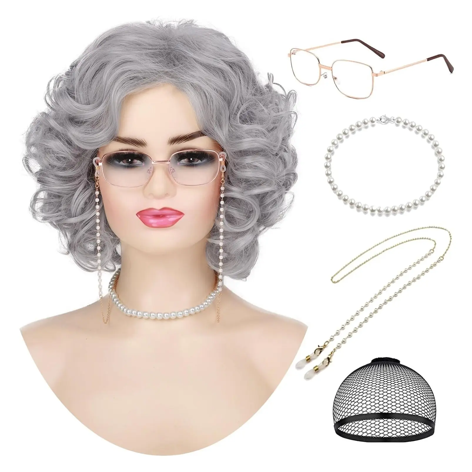 Short Grey Curly Granny Wig Set for Women - Old Lady Cosplay Costume for 100th Day of School, Halloween Party, Synthetic Grandma Wigs (5pcs Set)Gift
