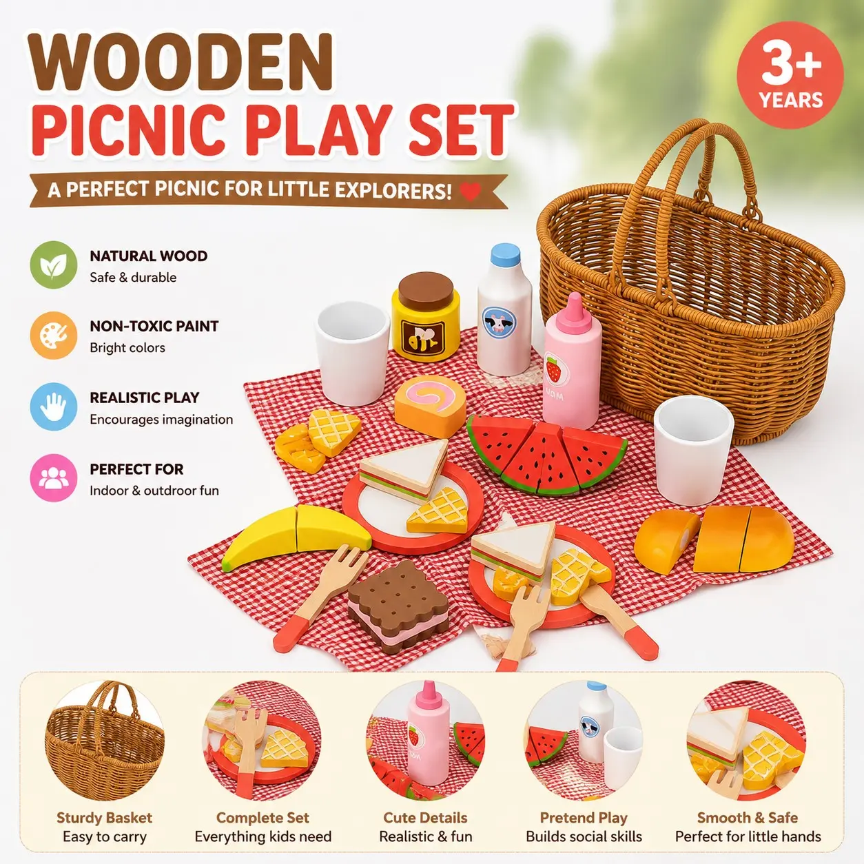 Wooden Picnic Basket Set, Baby Role Play Outdoor Camping Toy, Safe Non-Toxic Storage Handbag, Early Education Gift for Boys and Girls