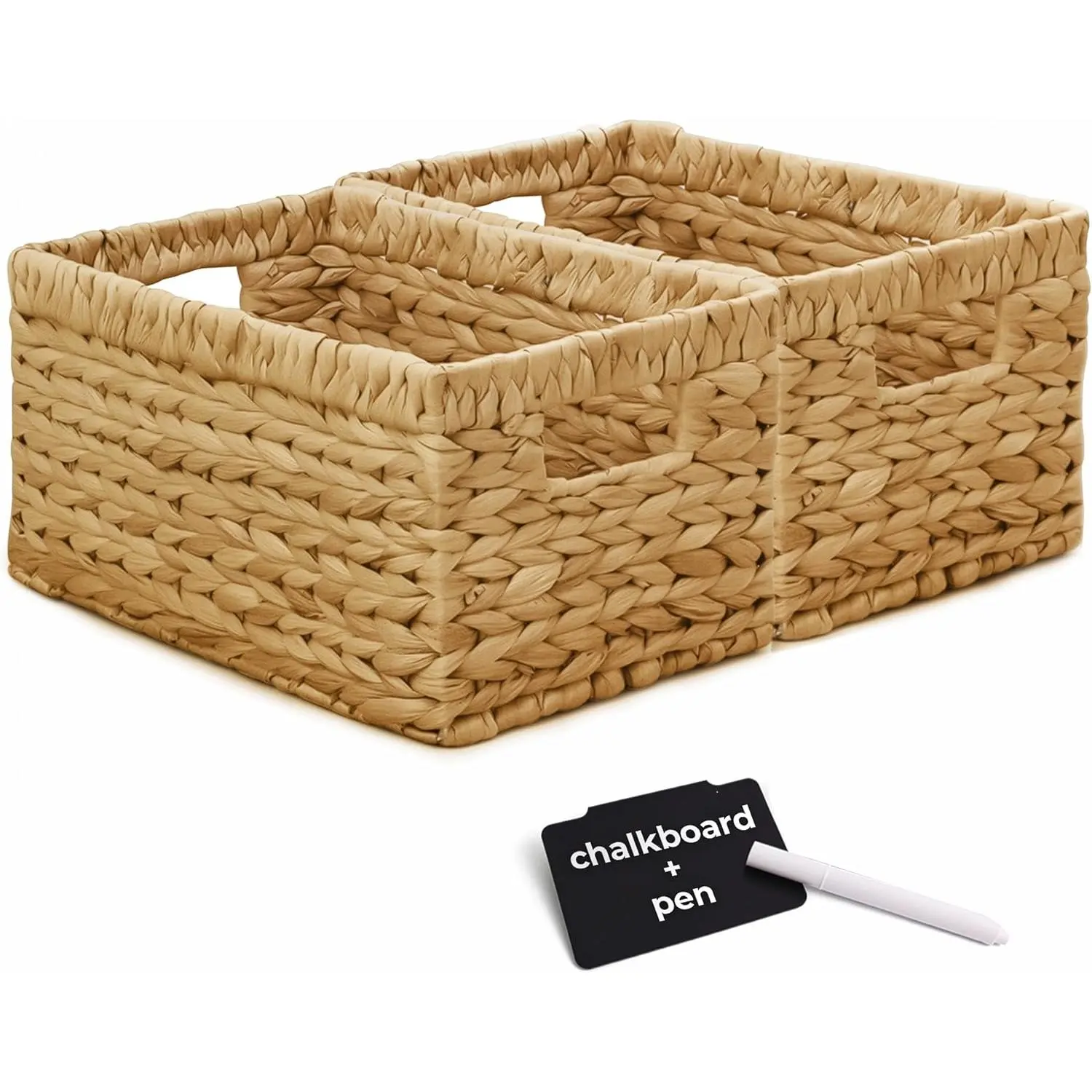 Wicker Storage Basket Set of 2, Rectangular Baskets for Shelves with Handles & Chalkboard Labels, Handwoven Water Hyacinth Baskets for Organizing Pantry, Closet & Home.