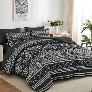 Queen Bed in a Bag 7 Piece Black Boho Aztec Reversible Comforter Set Soft Lightweight Bedding