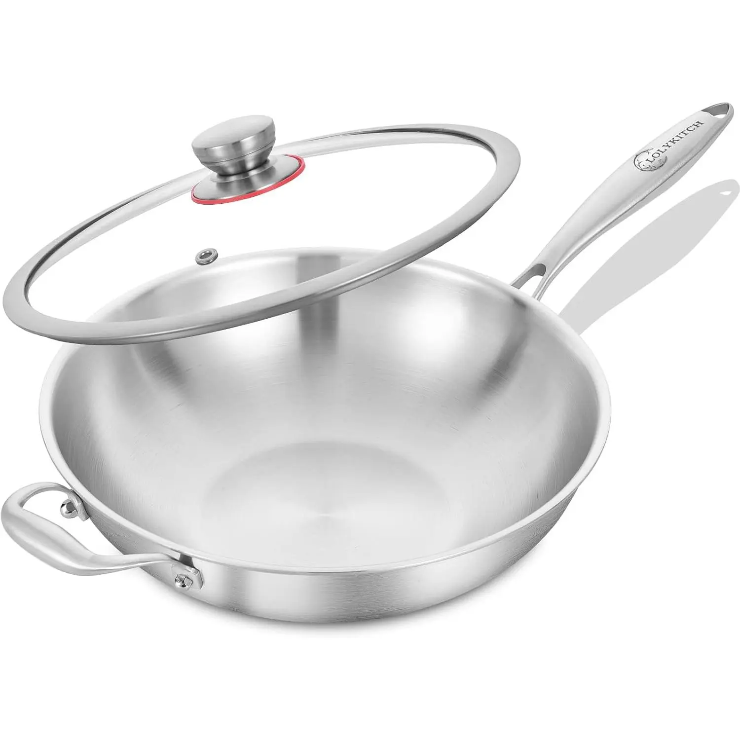 LOLYKITCH 13-Inch Stainless Steel Wok with Glass Lid| Detachable Handle| Uncoated Tri-Ply Stir Fry Pan| Everyday Cooking Wok for Induction & Glass| Flat Bottom| SGS Certified Cookware| PFOA-FREE