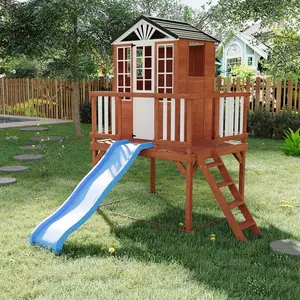 2-Story Wooden Kids Playhouse with Slide and Climbing Wall, Elevated Cedar Outdoor Playhouse for Children