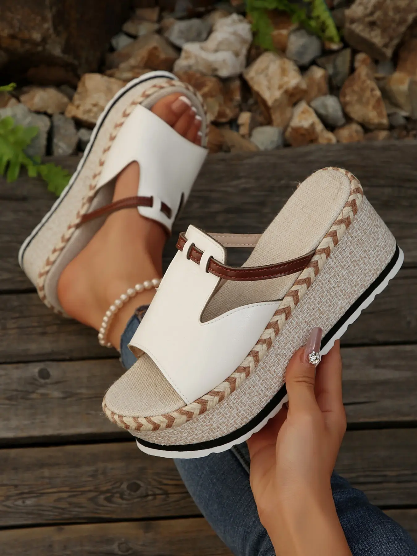 New Women's Hollow Out Leather Wedge Platform Elegant Sandals, Linen Weave Edge Open Toe Slip-On Shoes, Summer Outdoor Beach Travel Casual Anti-Slip Mules