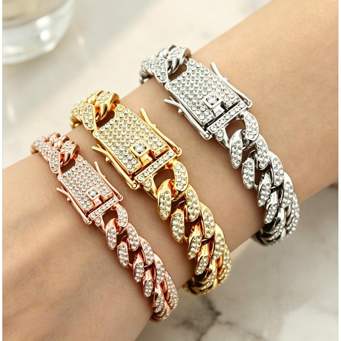 Hip Hop Shiny Moissanite Cuban Link Chain Bracelets for Women Men, Gold Color Punk Wristband Jewelry Gift, Trendy Luxury Style Popular