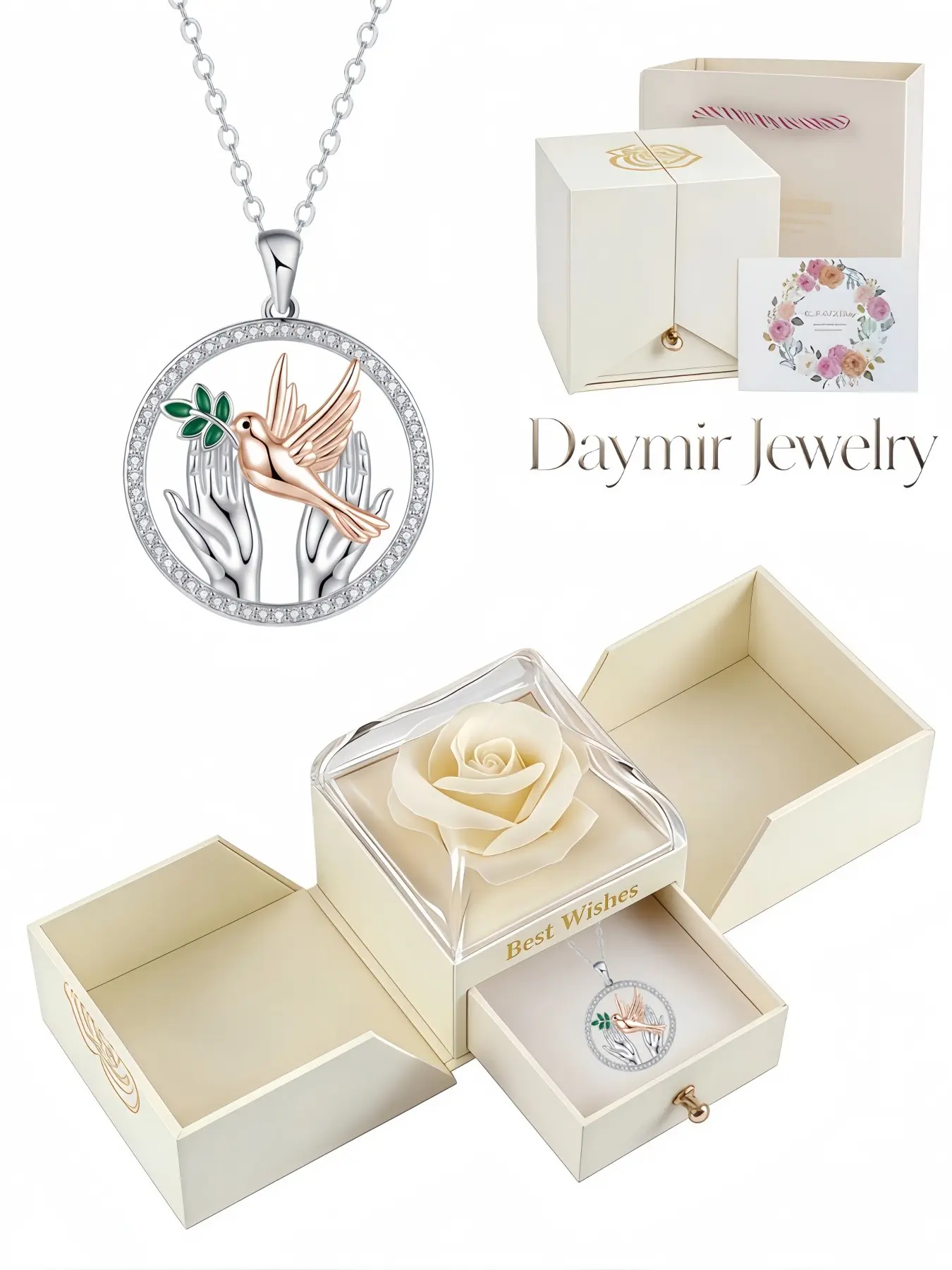 Uniquely‑designed peace dove necklace, rose‑gold two‑tone full‑sparkle pendant of premium luxury finish. Paired with surprise double‑opening preserved‑rose jewelry box, ideal gift for date nights, Valentine’s Day and Christmas celebrations.