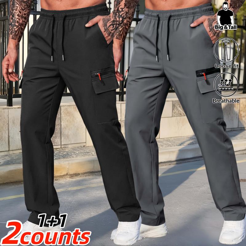 Big & Tall Men Two‑Set Relaxed Hiking Jogger Pants, Stretch‑infused Lightweight Quick‑Dry Bottomwear, Reliable Decorative‑Zipper Safe Storage Pockets, Adaptable Drawstring Elastic Waistband, Must‑Have Summer Long Apparel for Trekking & Casual Outings
