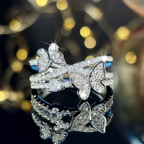 Women's Multi-Layer Butterfly Paved Crystal Ring, Adjustable Stackable Band, Sparkling Dainty Costume Jewelry, Elegant Daily-Party Accessory, Fashion Gift for Teen Girls