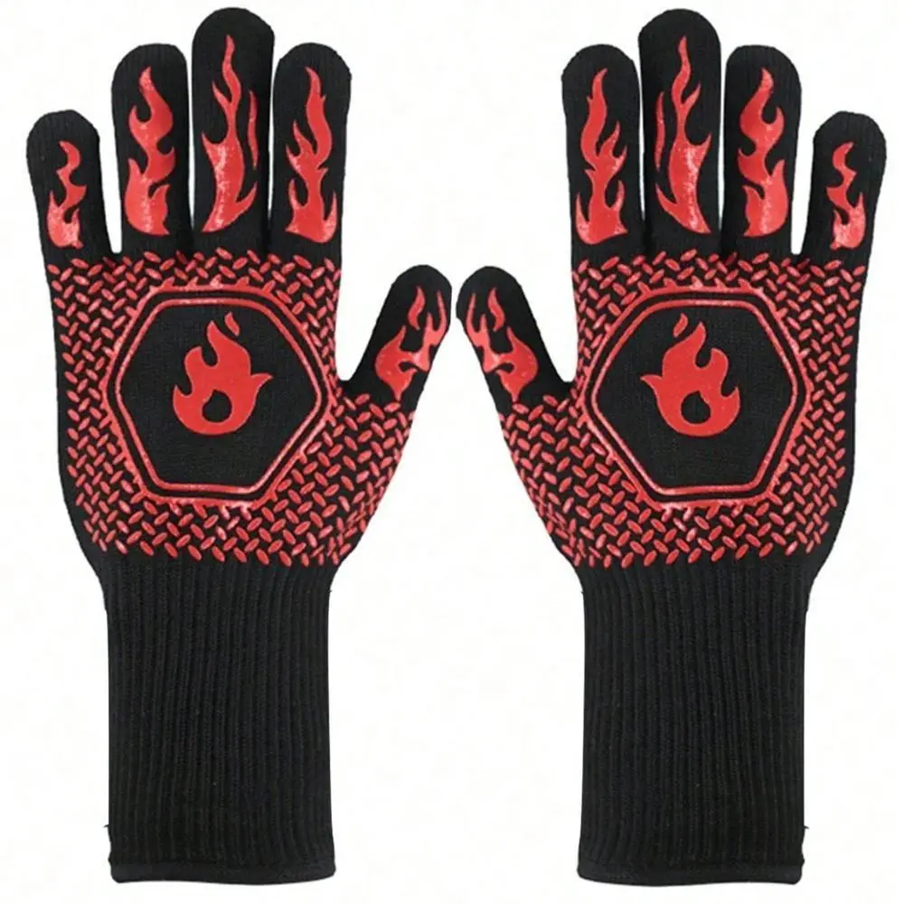 2PCS 500 Heat-insulating Resistant BBQ Gloves Fireplace Grilling Gloves Anti-scald Oven Glove for Ktichen Baking Grill Microwave