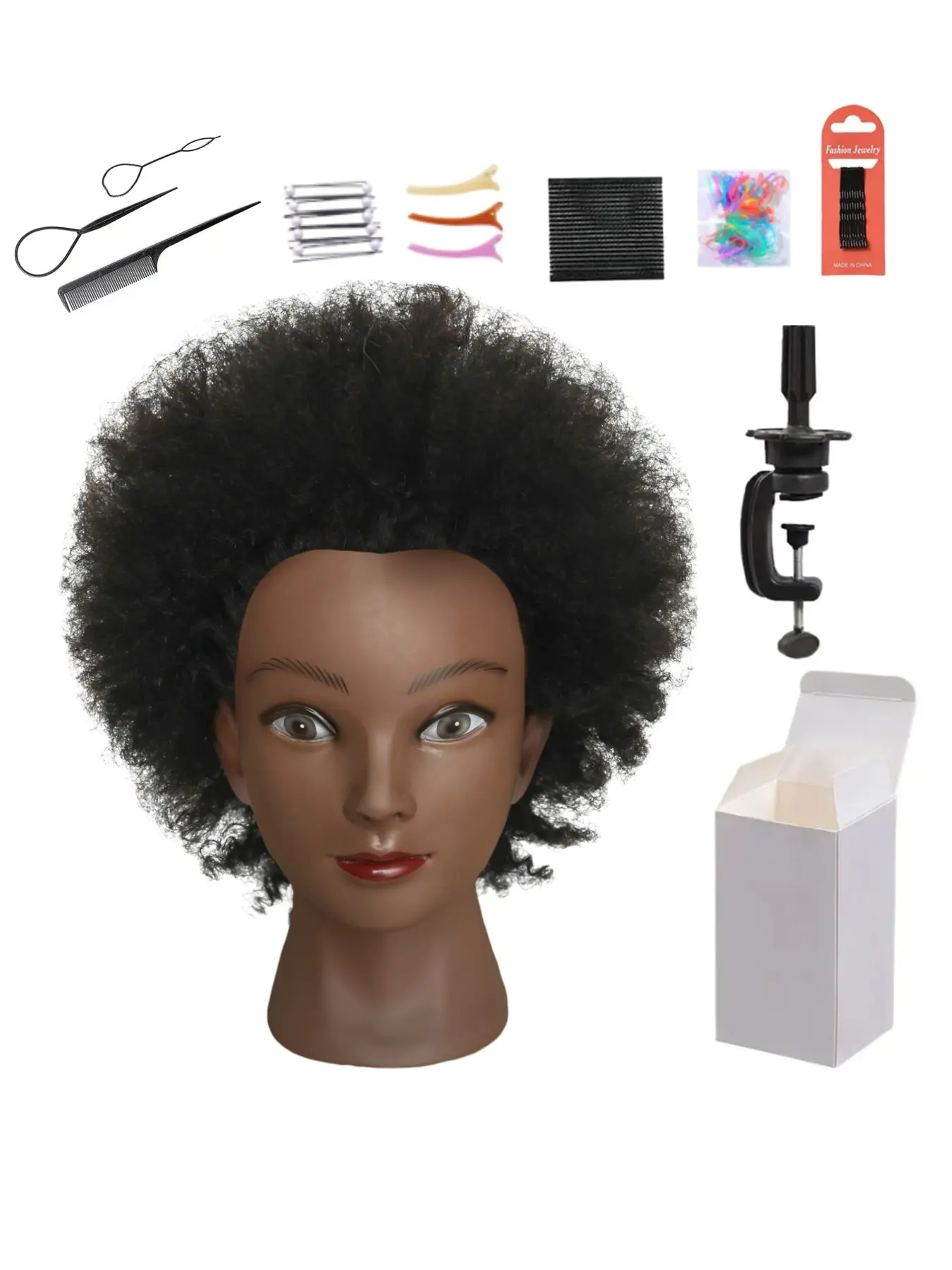 Women's Explosive Hair Model Head, 100% Real Human Hair, Face Mannequin with Accessories, Loose African Hairstyling Dummy