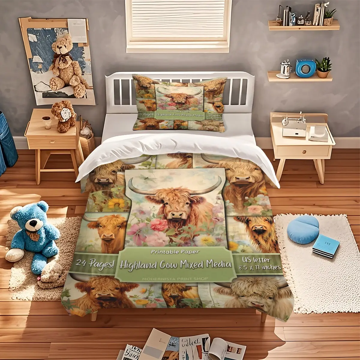 2/3pcs Farmhouse Style Bedding Set – Highland Cow And Floral Print Duvet Cover Set – Soft Microfiber Fabric. Includes Duvet Cover And 1 Or 2 Pillow Shams (Insert Not Included); Features Zipper Closure; Perfect For Farmhouse-Style Bedroom Decor.
