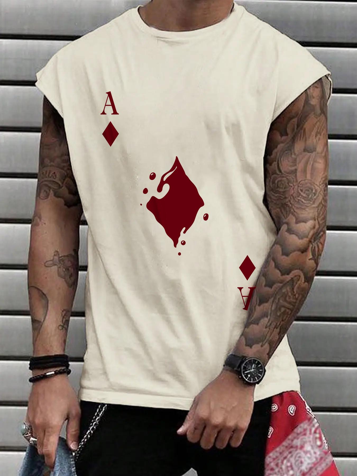 Men's Playing Card Print Round Neck Sleep Tank Top, Casual Soft Comfortable Regular Fit Sleeveless Sleep Top for All Seasons, Menswear Loungewear for Daily Wear