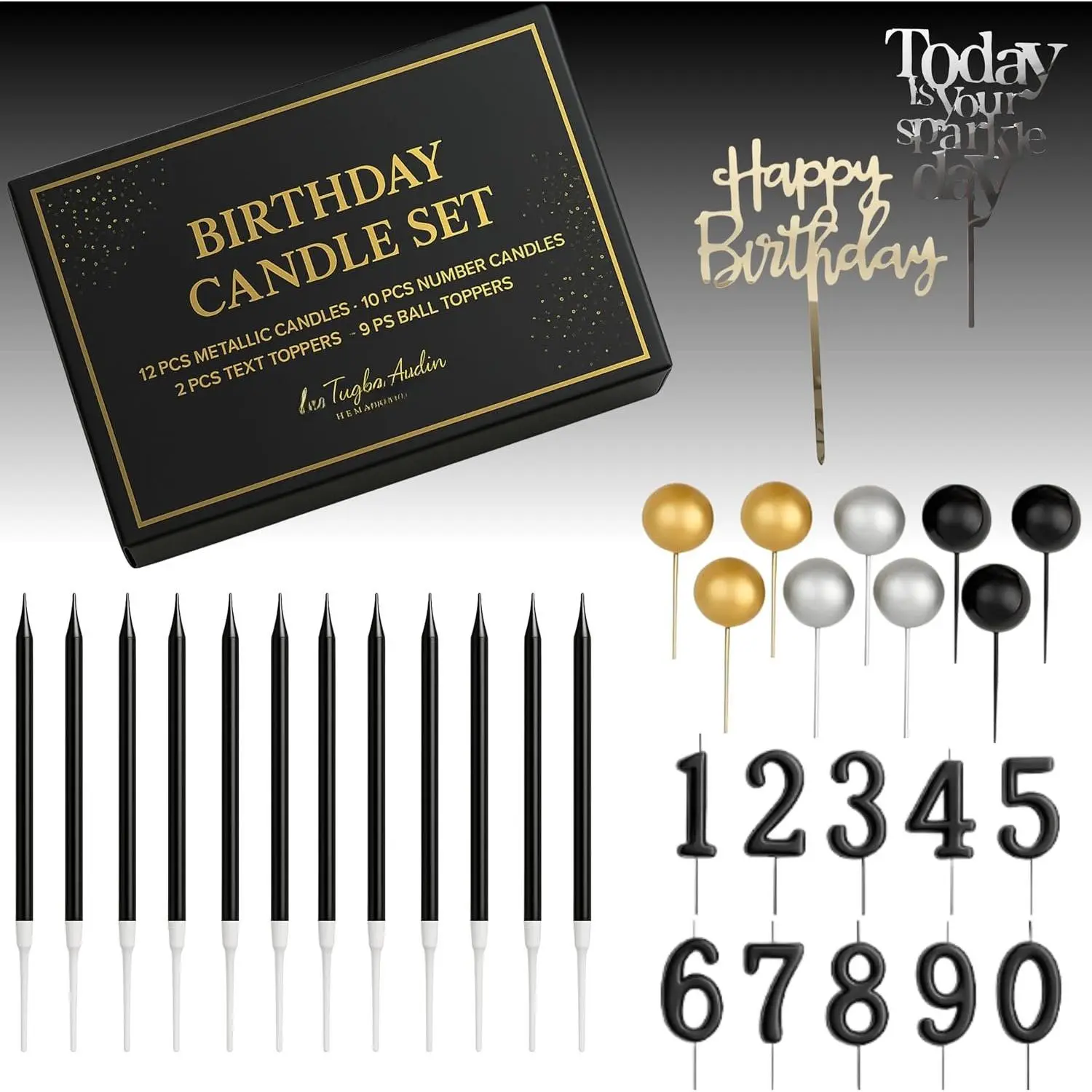 - 33 count Black Birthday Candle Set with Number Candles 0-9, Metallic Long Candles, Ball & Text Toppers - Complete Cake Decoration Kit for  & Adults Birthday Party