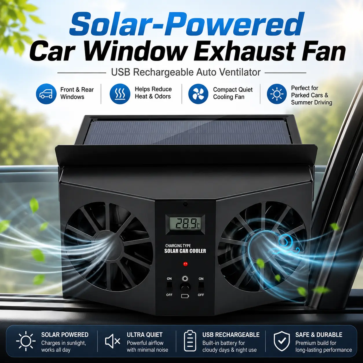 Solar-Powered Car Window Exhaust Fan with USB Rechargeable Backup, Compact and Quiet Design, Easy Window Installation, Solar-Powered Ventilation (Speed: Up to 4000 RPM) for Parked Cars, RVs, Auto Ventilator, Power: 2W