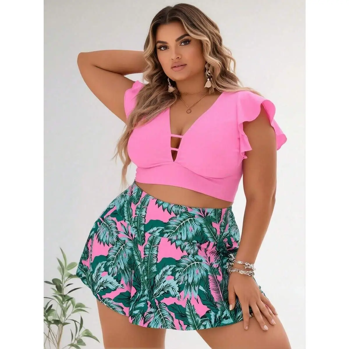 2026 New Women's Plus Size Two-Piece Swimsuit: Hot Pink Ruffled Crop Top With Cutout + Tropical Palm Print Skirted Bottom