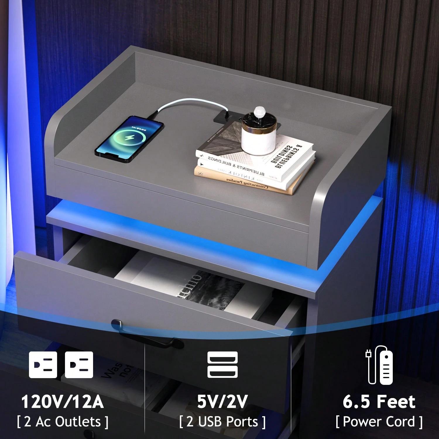 LED Nightstand With Drawers, LED Night Stand With Charging Station, Bedside Table For Bedroom, Modern Night Stand With 2 Wood Drawers End Side Table For Bedroom, Black/ White/ Grey