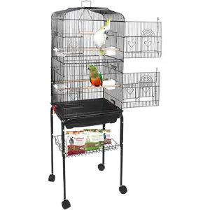 59.3 Rolling Bird Cage Large Wrought Iron Cage for Cockatiel Sun Conure Parakeet Finch Budgie Lovebird Canary Medium Pet House with Rolling Stand & Storage Shelf