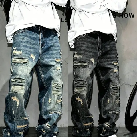 Two-Piece American Ripped Denim Jeans for Men, High Street Loose Straight Fit, Distressed Baggy Pants, Wide Leg Pants, Streetwear Jeans, All Seasons