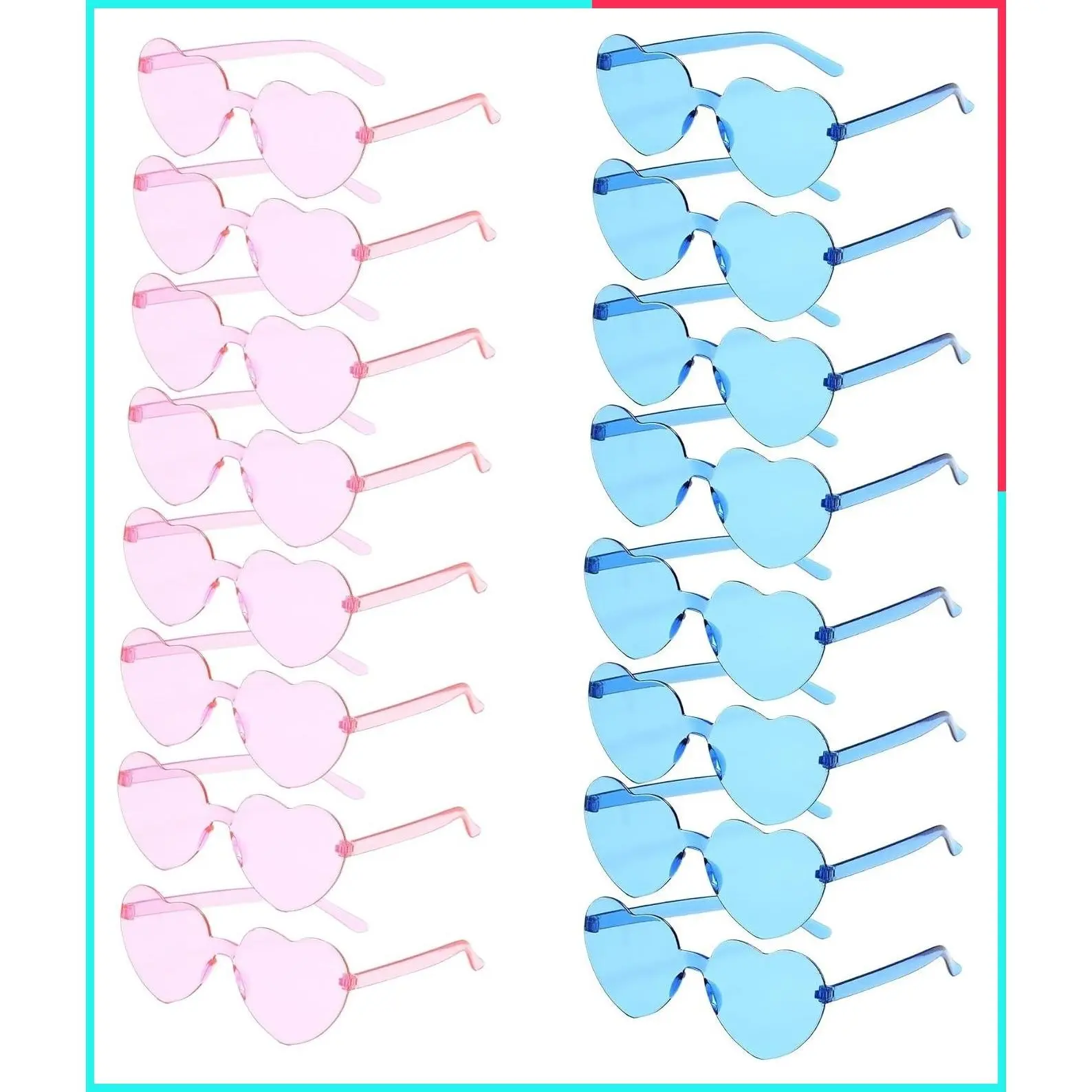 16 Pack Heart Shaped Rimless Sunglasses, Colorful Pink and Blue - Valentine's Day Gifts