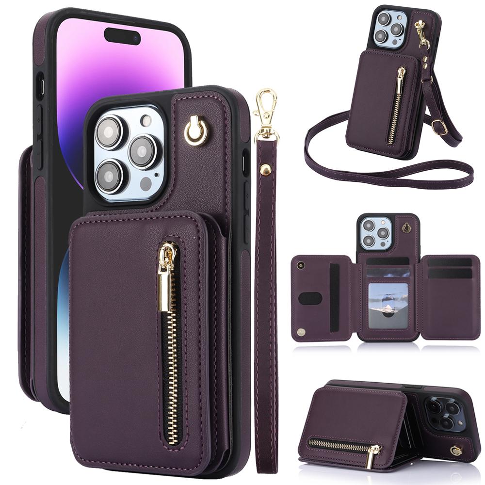 Crossbody Wallet Case for iPhone 16 15 14 13 12 Pro Max, Flip Kickstand Case with RFID Blocking Card Slot Holder,Zipper Handbag Phone Case,PU Leather iPhone