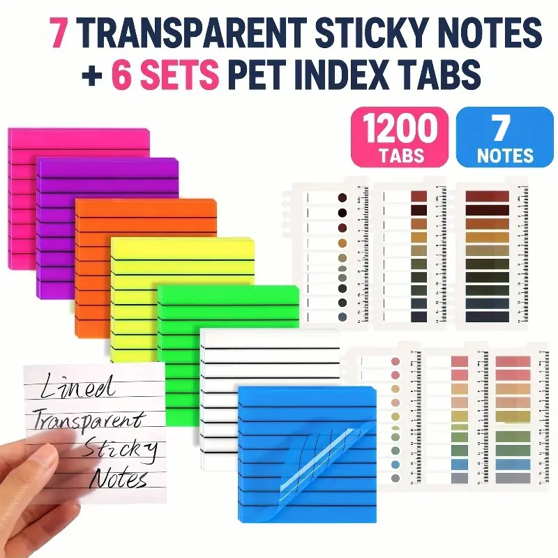 2 in 1 Aesthetic Study Stationery Set, 7 Pack Transparent Lined Sticky Notes + 1200 Sheets PET Ruler Index Tabs Page Markers, Clear Annotation Memo & Morandi Book Index Labels for Students Journal Office Supplies