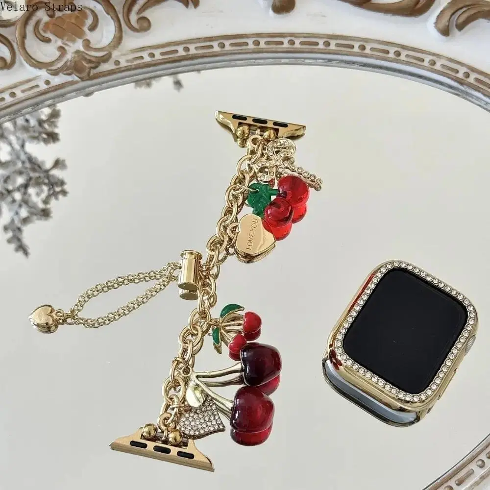Cherry & Bow Heart Metal Bracelet Watch Strap, Adjustable Chain Band for Apple Watch All Series Ultra SE 1-9