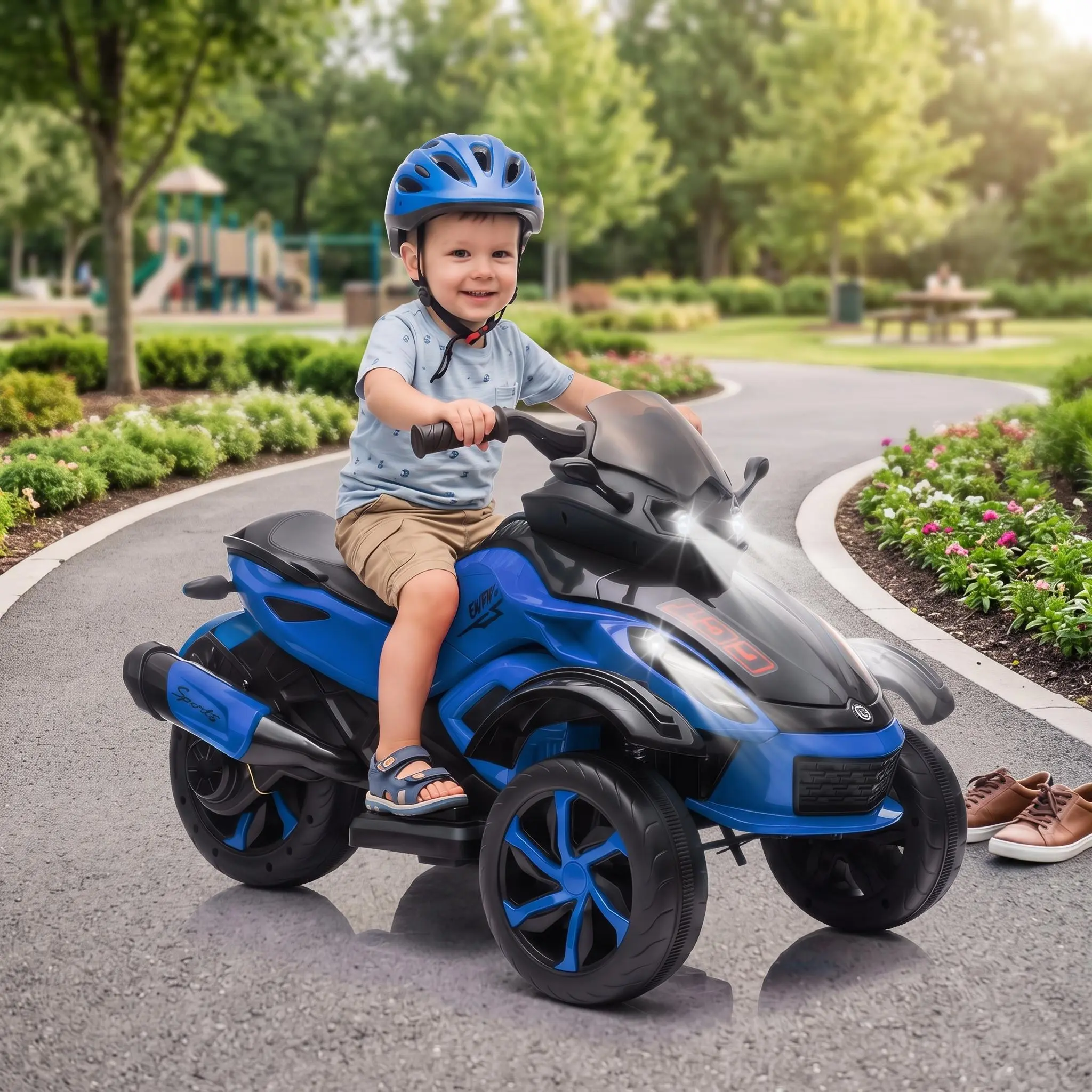 【IdealHouse】12V Kids 3-Wheel Electric ATV Motorcycle, Rechargeable Ride On Toy, LED Lights & Music, Deep Tread Anti-Slip Tires, Outdoor Off-Road Riding Vehicle for Boys & Girls Ages 3-8