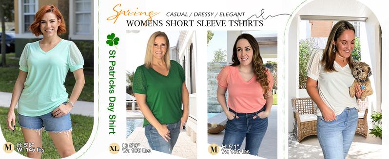 WIHOLL Womens Summer Tops V Neck T Shirts Swiss Dot Puff Sleeve Tops Loose Casual Tshirts