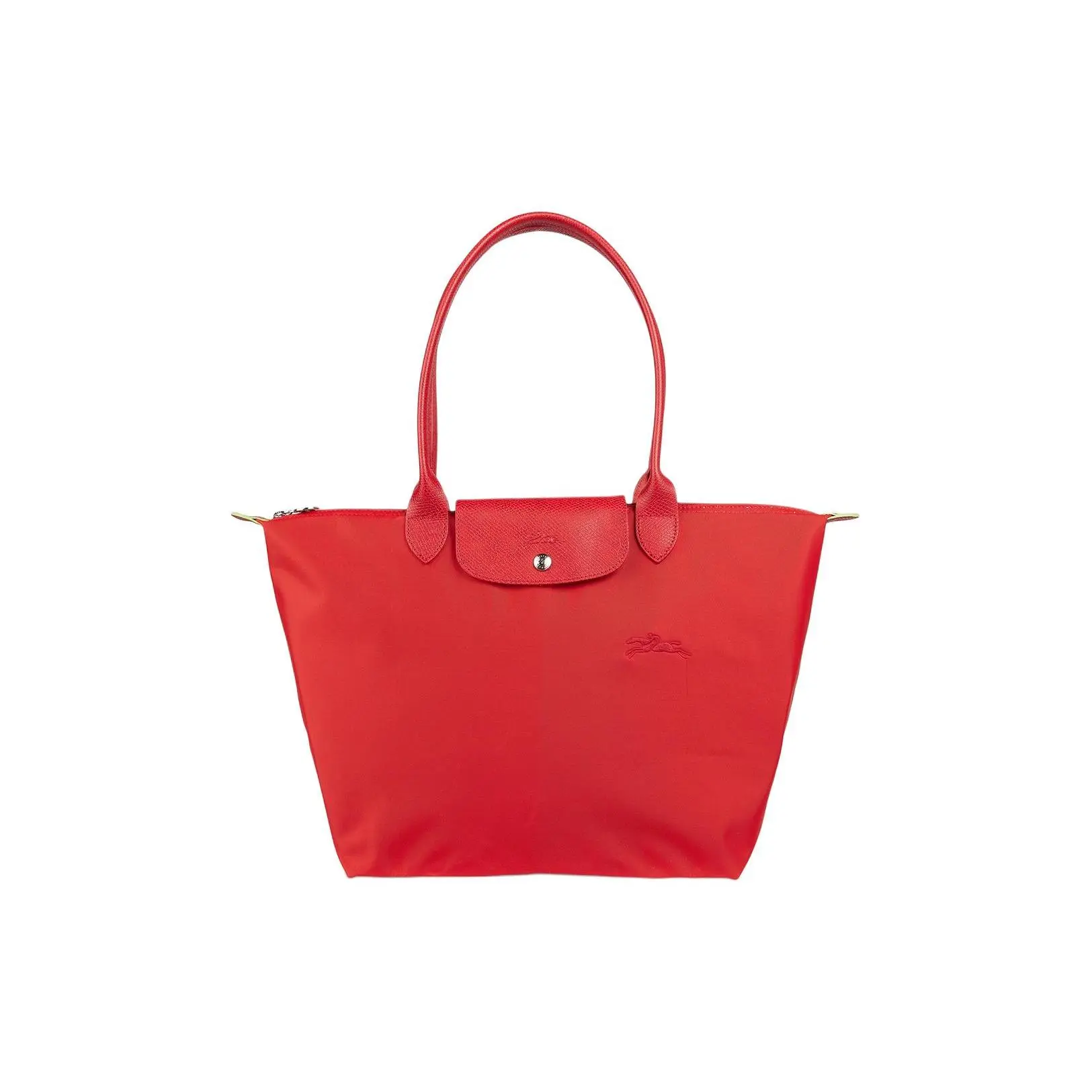 Longchamp Le Pliage Green 28 Embroidered Logo Flap Zip Handbag, Medium, Women’s Tomato Red