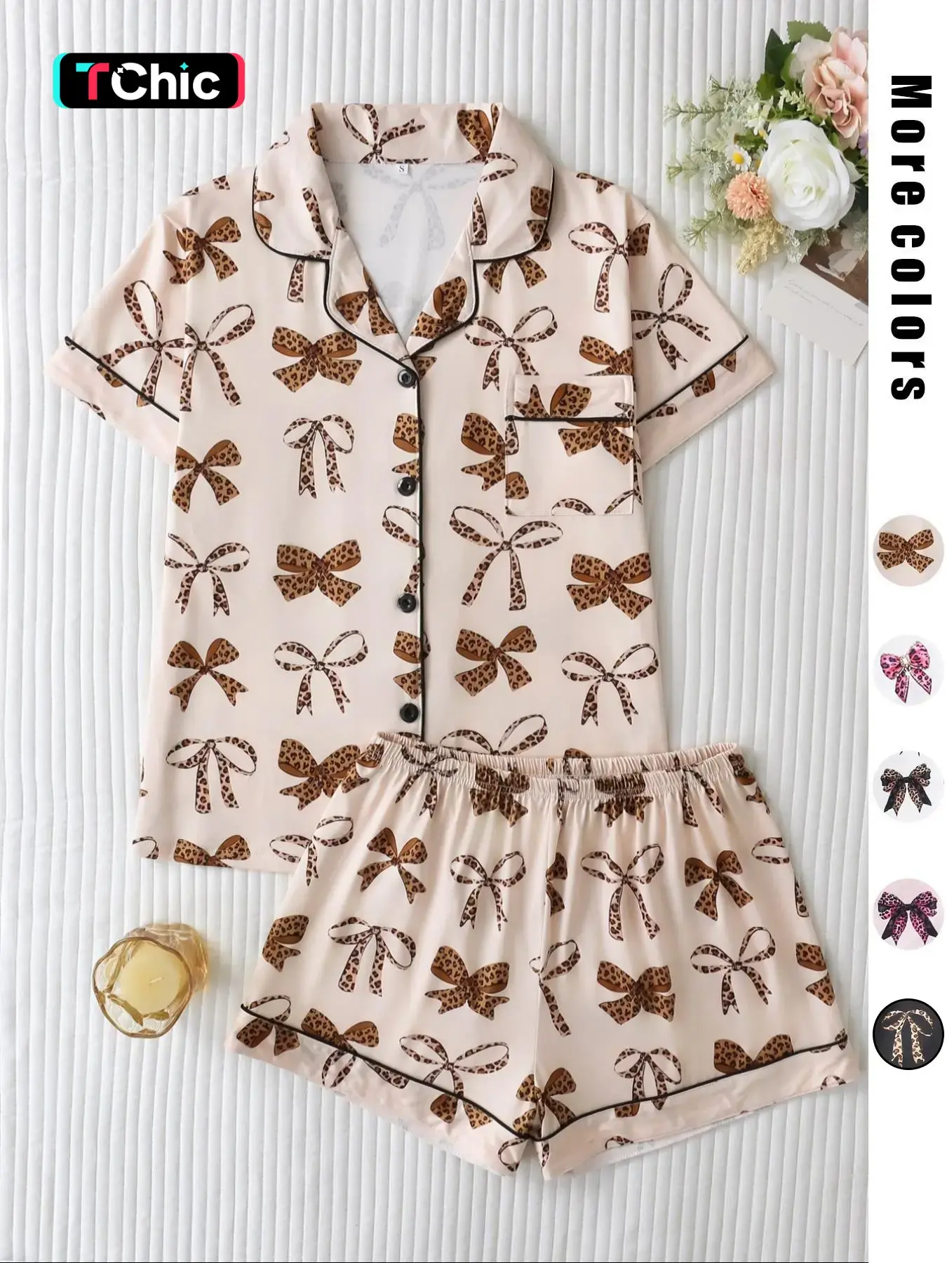 Women's Leopard Bow Print Sleepwear Pajama Set, Casual Fitted Short Sleeve Top & Loose Comfortable Shorts, Elegant Ladies' Nightwear