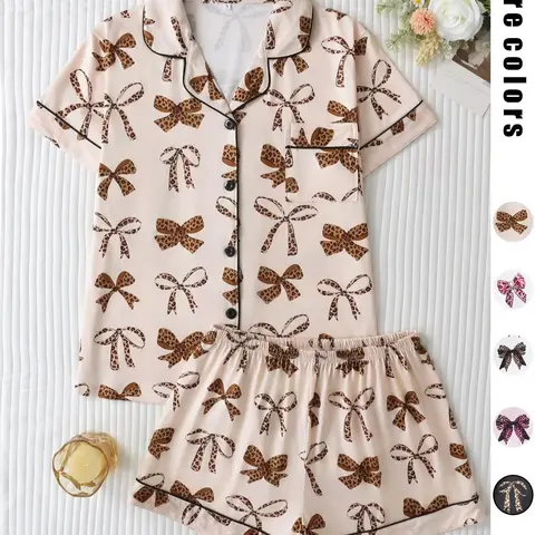 Women's Leopard Bow Print Sleepwear, Casual Fitted Short Sleeve Top & Loose Comfortable Shorts, Elegant Ladies' Nightwear, Printed Sleepwear Set