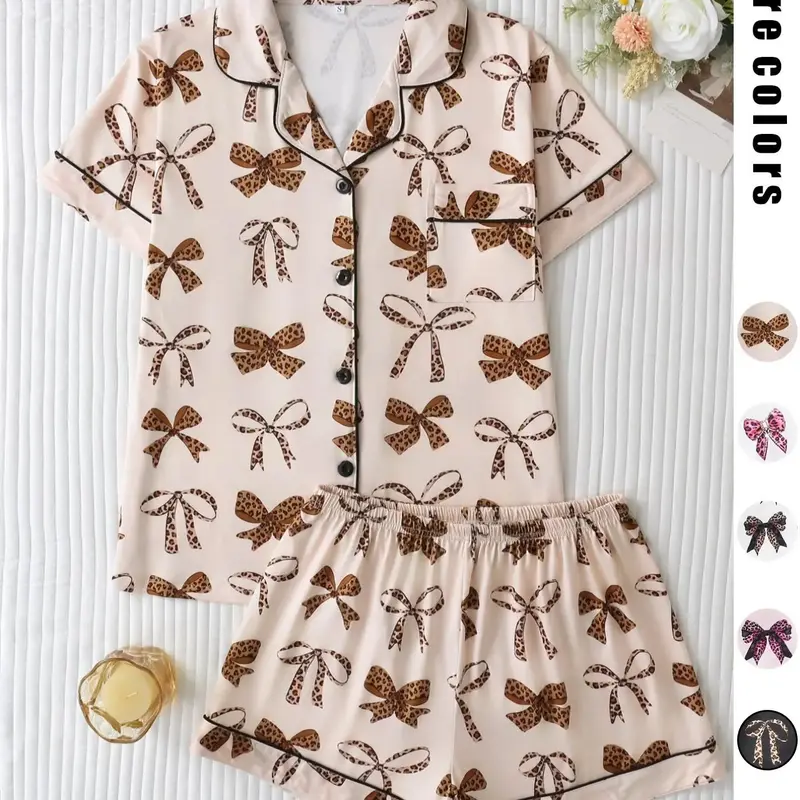 Women's Leopard Bow Print Sleepwear, Casual Fitted Short Sleeve Top & Loose Comfortable Shorts, Elegant Ladies' Nightwear, Printed Sleepwear Set